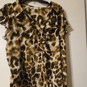 Calvin Klein Ruffled Button-Front Animal Print Blouse - Brown/Black/Cream